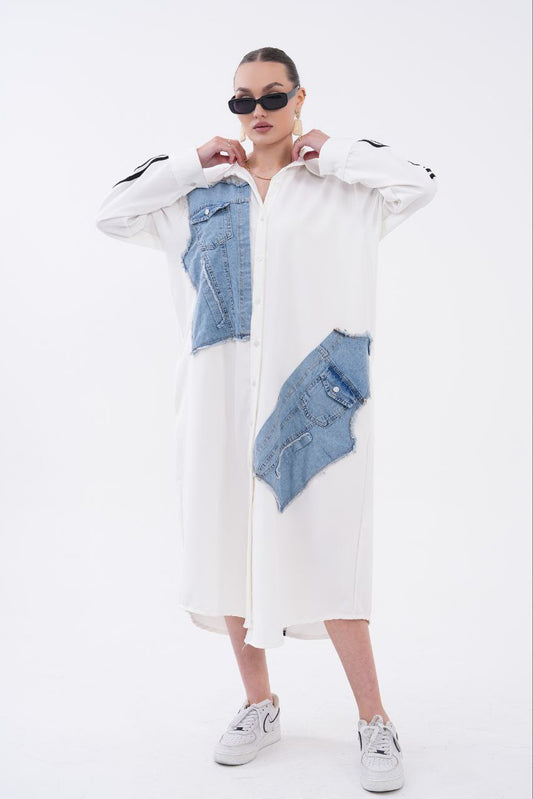 CHEMISE LONGUE BLANCHE PATCHWORK EN JEANS