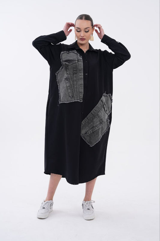 CHEMISE LONGUE NOIR PATCHWORK EN JEANS