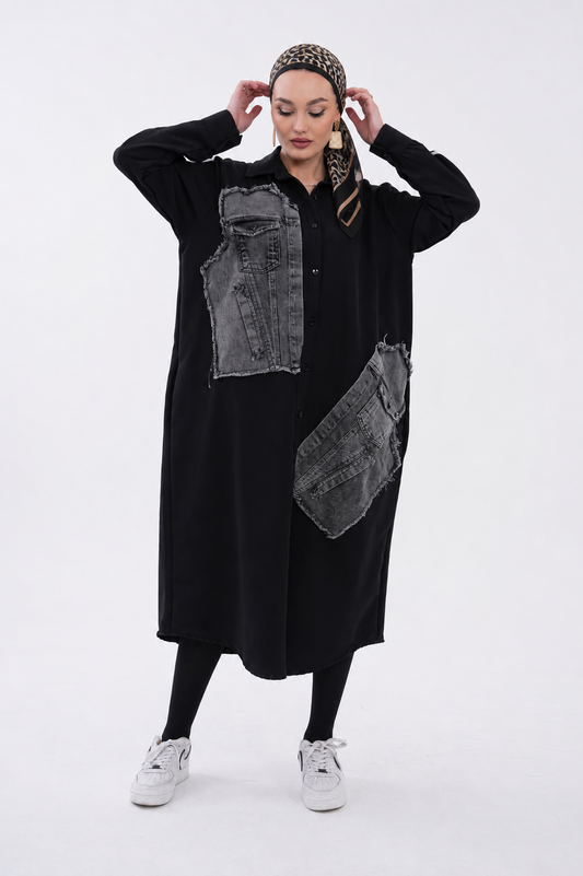 CHEMISE LONGUE NOIR PATCHWORK EN JEANS
